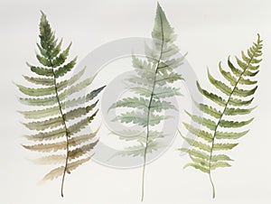 Ai Generated Artt A Watercolor Painting of three Abstract Fern Leaves Isolated on the White Background in Bright Pastel Sage Green