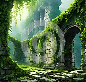 AI generated artwork consisting of green creepers spread across in the premises of ancient ruins