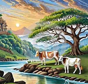 AI generated artwork of cows grazing under a tree and besides a river flowing by with a temple at the top of a hill photo