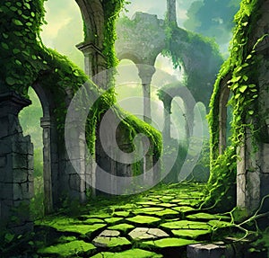 AI generated artwork depicting of green creepers and ferns cover in the premises of ancient ruins