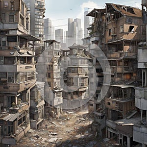 AI generated artwork depicting ruined and abandoned residential housings and new skyscrapers at a distance