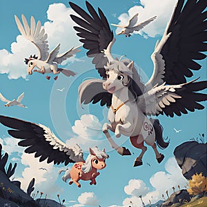 AI generated artwork depicting several cute Pegasuses flying high in the skies