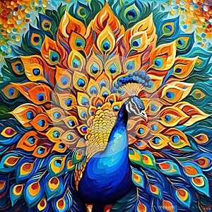 AI generated artwork showcasing a blue peacock with vividly colourful spread of wings
