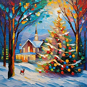 AI generated artwork showcasing a colorful Christmas Tree alongwith a reindeer and a house in the backdrop of a snowclad landscape photo