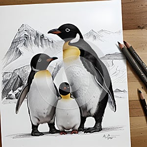 AI generated artwork of three penguins in a snowy landscape