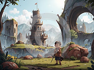 AI generated artwork of a young boy trekking through green meadows and old castles