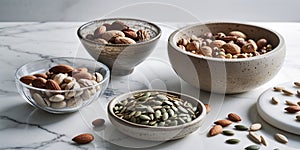Assorted Nuts and Seeds Displayed in Rustic Bowls on Marble Surface.