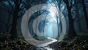 Mystical Moonlit Forest Path Leading Into A Dramatic Atmospheric Woodland Landscape Scene
