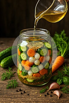 Rustic Pickling Process With Cucumbers Carrots And Onions