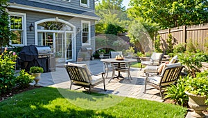 Inviting Backyard Patio With Comfortable Seating And Outdoor Grill In A Sunlit Garden Setting