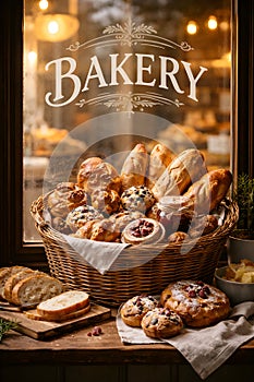 Bakery Window Display Showcasing Fresh Bread And Assorted Pastries