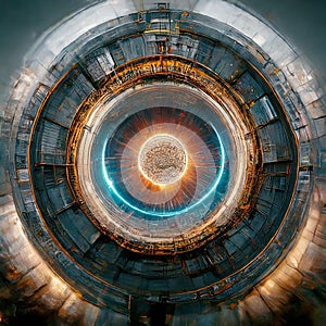 AI generated ball of fire at the centre of a chamber in large hadron collider