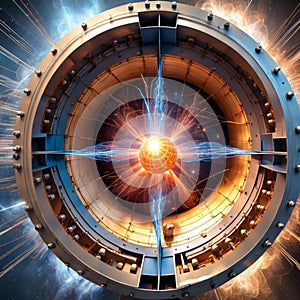 AI generated ball of fire in the chamber of a  large hadron collider