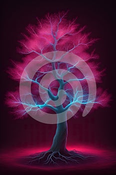 AI generated Beautiful bioluminescent fluorescent neon tree photo