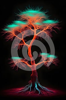 AI generated Beautiful bioluminescent fluorescent neon tree photo