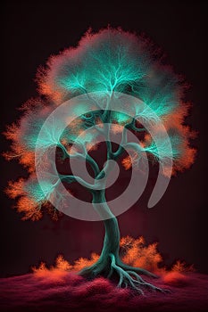 AI generated Beautiful bioluminescent fluorescent neon tree photo