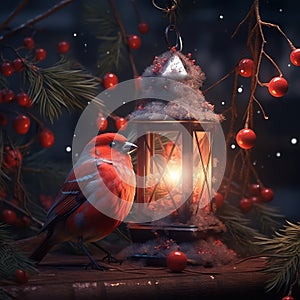 AI Generated. A beautiful bright bullfinch sits near an old lantern with warm light, against a festive background.