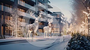 AI Generated. Beautiful Christmas figures from garlands of deer in the courtyard of a snow-covered modern residential complex.
