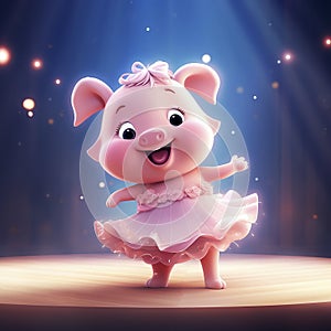 AI generated, Beautiful illustration of a cute adorable piggy dancing on the stage, doing ballet. Pixar style character