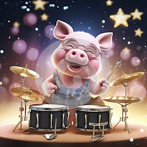 AI generated, Beautiful illustration of a cute adorable piggy playing the drums on stage in the spotlight. Pixar style character