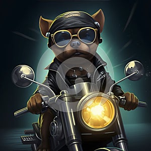 AI generated, Beautiful illustration of a tough looking dog riding a motorcycle. Pixar style character. Sweet dog riding