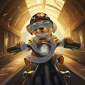 AI generated, Beautiful illustration of a tough looking dog riding a motorcycle. Pixar style character. Sweet dog riding