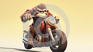 AI generated, Beautiful illustration of a tough looking monkey riding a motorcycle. Pixar style character.High speed motorbike