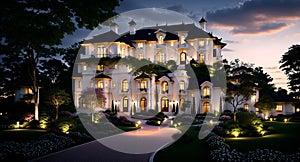Ai generated a beautifully illuminated white house against a dark night sky