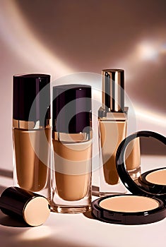 Luxury Foundation And Compact Powder Set In Soft Pink Light Creating Elegant High End Beauty Presentation