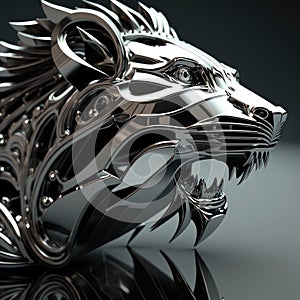 AI generated a biomechanical lion head in mirror-like polished chrome.