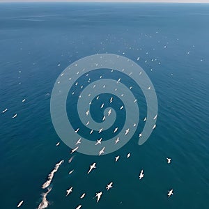 AI generated bird's eye view of some migratory birds flying over vast blue sea