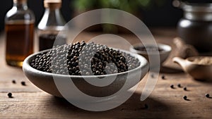 Black pepper in a stone bowl on a rustic table.