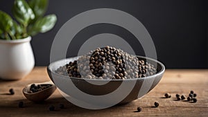 Black pepper in a stone bowl on a rustic table.