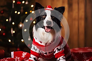 ai generated black white border collie dog in red festive suit next to Christmas tree and gifts Greeting card New Year holidays