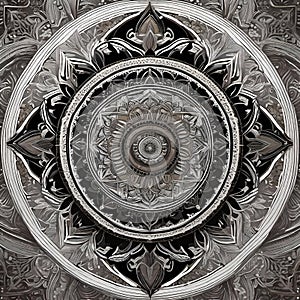 AI generated black and white mandala style artwork depicting a fully blossomed flower like design