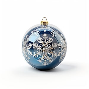 AI generated a blue decorated ball for hanging on the Christmas tree on a white background