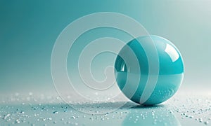 A blue ball sits on a table with a light blue background.