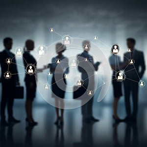 AI-Generated Blurry Image of Six Silhouetted Professionals Connected by Lines and Icons photo