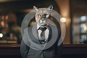 Man in suit with a puma head and blurred background