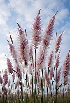 Soft Pink Pampas Grass Reaching Toward Sky In Natural Elegant Field Scene