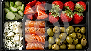 AI Generated. Bright bento box with cheese, olives, red fish, strawberries, herbs.