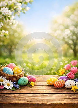 Bright Spring Easter Table Scene With Flowers And Decorated Eggs