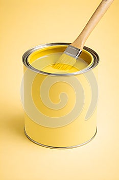 Yellow Paint Can With Brush Bright Minimal Creative Color Concept