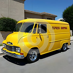 AI-Generated Bright Yellow Delivery Van with EXPRESS SHIPPING photo