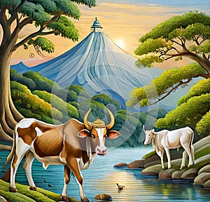 AI generated brown and white cows grazing under trees and besides a river flowing by with a temple at the top of a hill