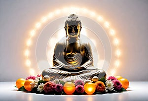 a buddha statue with a light behind it and orange flowers in front