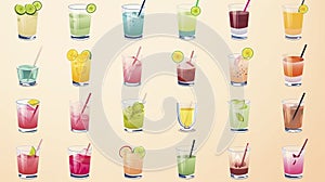 AI generated, bundle of cocktails set. Illustration of different coctails on a pastel background.