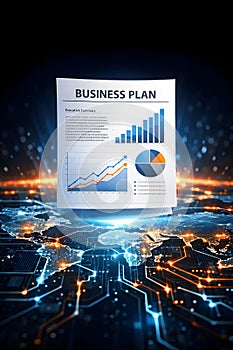 Business Plan Document With Financial Charts Floating Above Global Digital Network Map