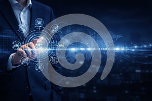 AI generated businessman interacting with digital interface and global data network representing smart business analytics