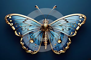 AI generated-A butterfly with gold and blue wings is shown in a blue background